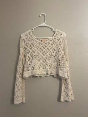 Good Luck Gem Crochet Lace Bell Sleeve Crop Top - Cream